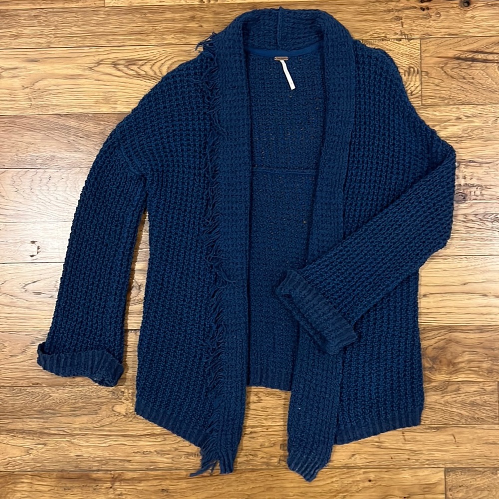 Free People Blue Fringe Cardigan Sweater S